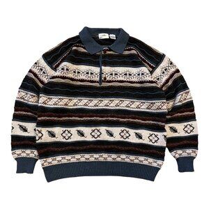 Vtg St Croix Sweater Polo Mens Large 3D Knit Striped Wool USA Made Grandpa Core